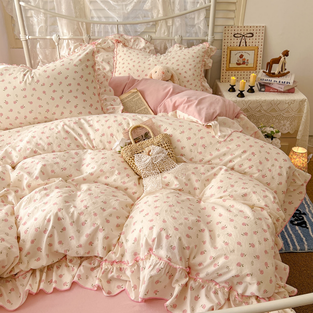 91家纺网 家纺一手货源 找家纺 睡美美家纺 2026新款水洗云朵棉亲肤花边款四件套 岛屿