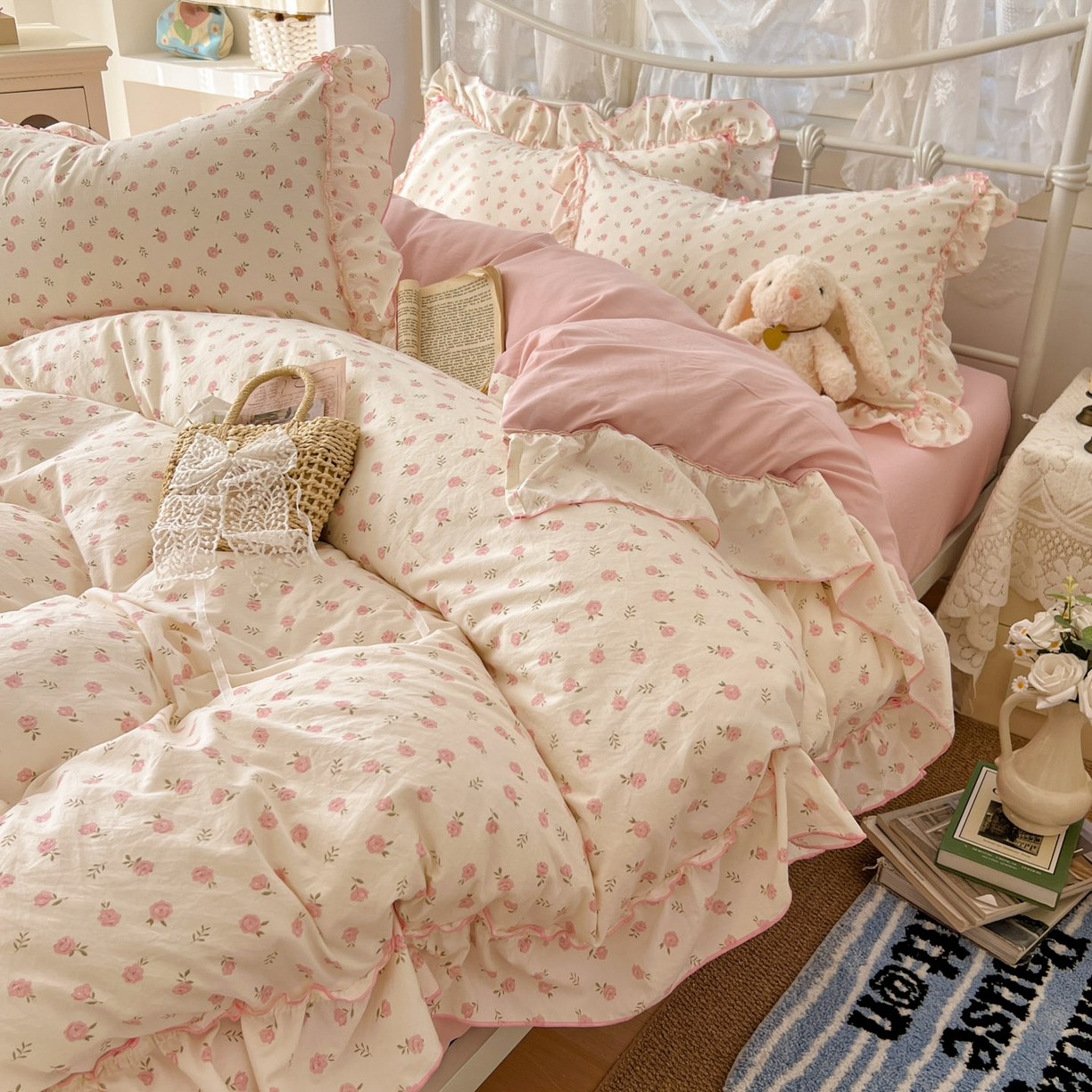 91家纺网 家纺一手货源 找家纺 睡美美家纺 2026新款水洗云朵棉亲肤花边款四件套 岛屿