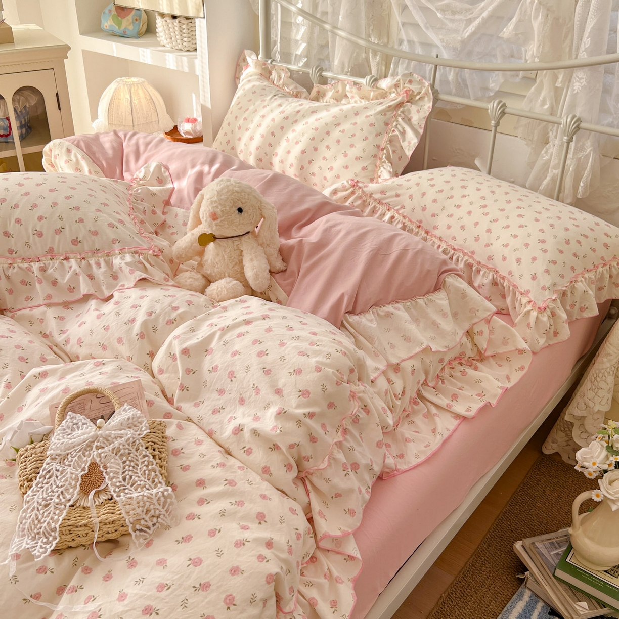 91家纺网 家纺一手货源 找家纺 睡美美家纺 2026新款水洗云朵棉亲肤花边款四件套 岛屿