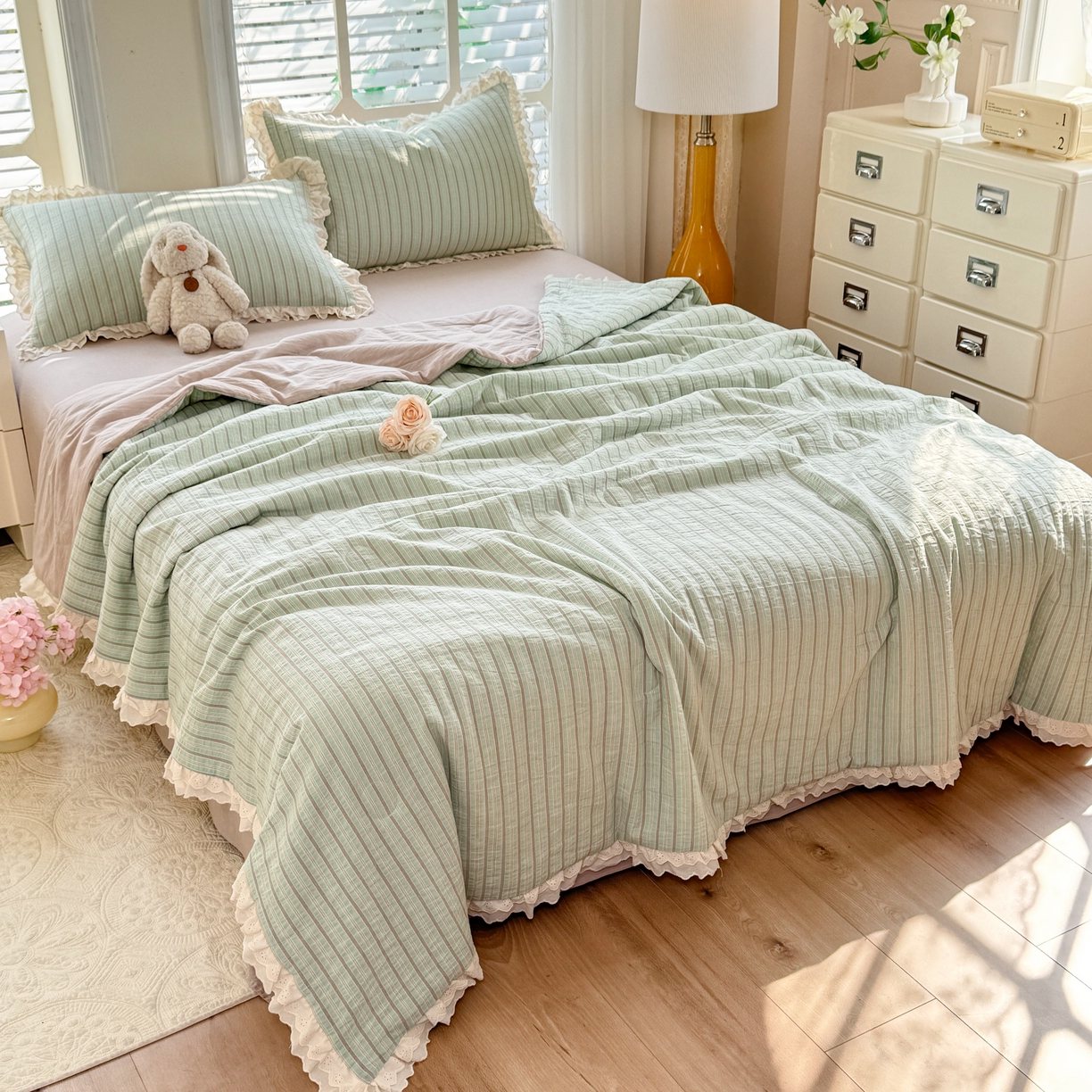 91家纺网 家纺一手货源 找家纺 仰望棉麻双层纱供应链 2026春夏新款全棉纯棉色织提花四件套-麦香麦香-绿色