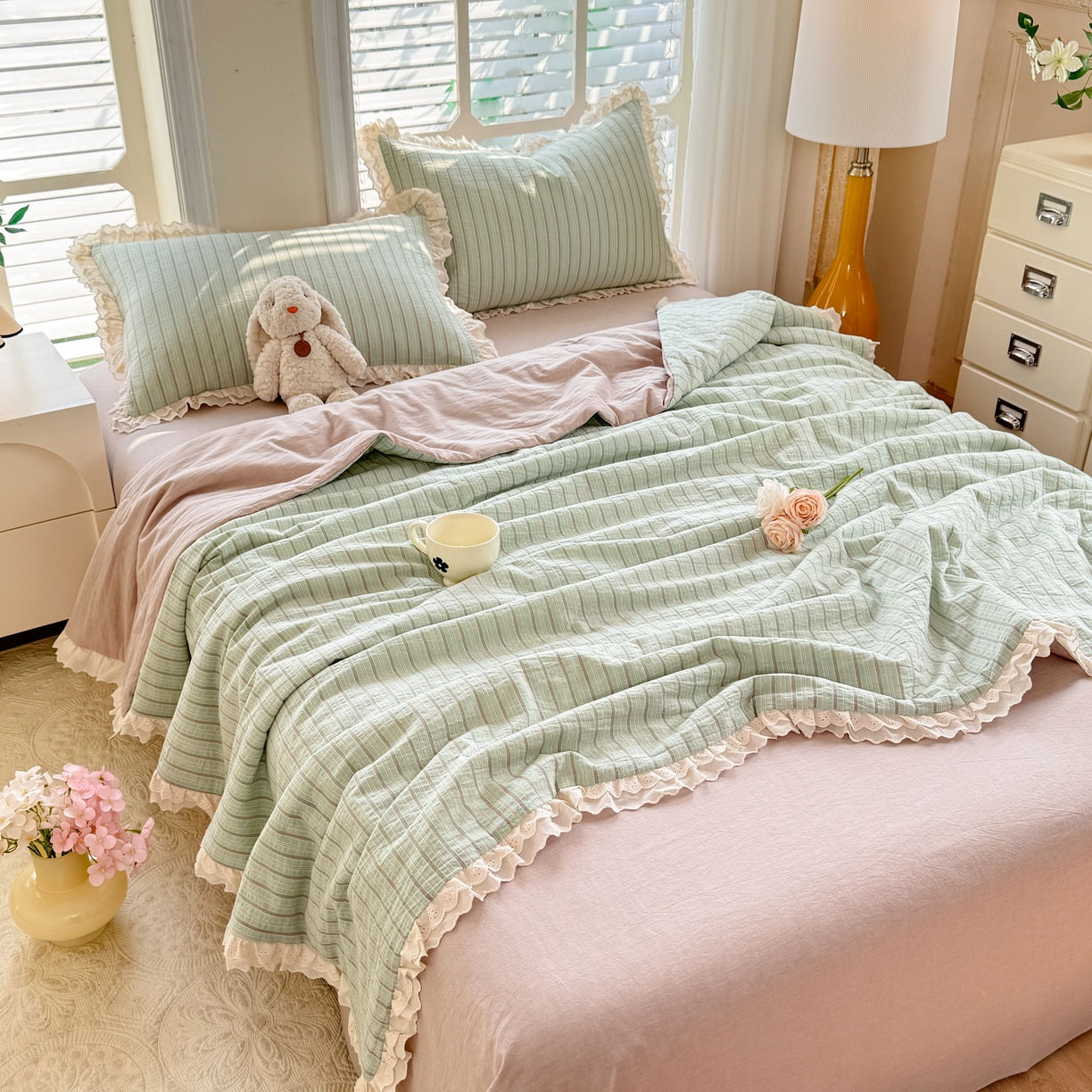 91家纺网 家纺一手货源 找家纺 仰望棉麻双层纱供应链 2026春夏新款全棉纯棉色织提花四件套-麦香麦香-绿色