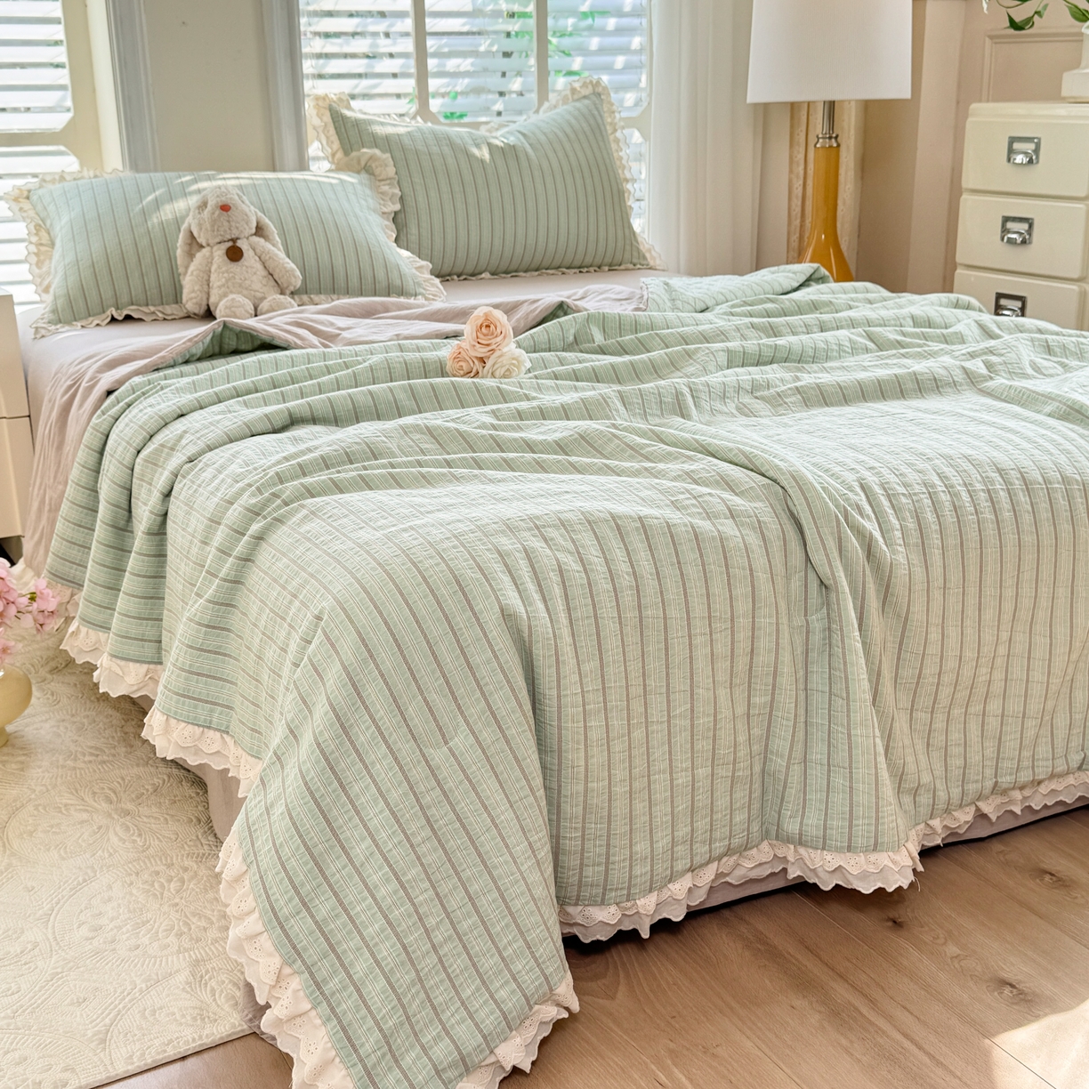 91家纺网 家纺一手货源 找家纺 仰望棉麻双层纱供应链 2026春夏新款全棉纯棉色织提花四件套-麦香麦香-绿色