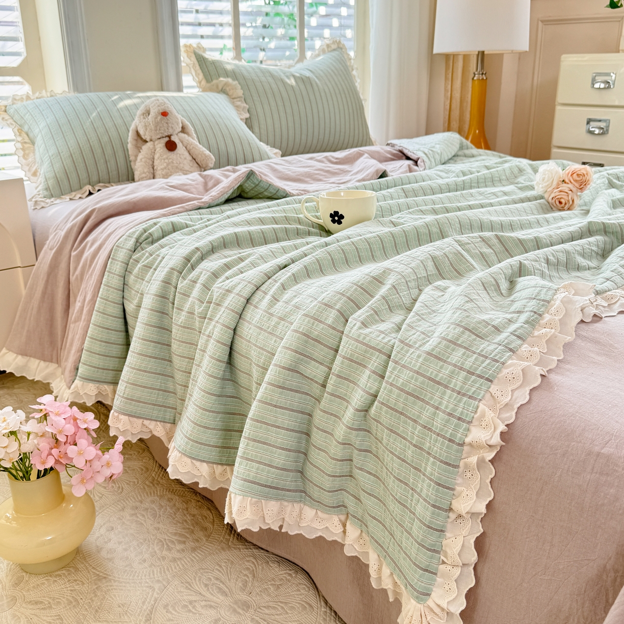 91家纺网 家纺一手货源 找家纺 仰望棉麻双层纱供应链 2026春夏新款全棉纯棉色织提花四件套-麦香麦香-绿色