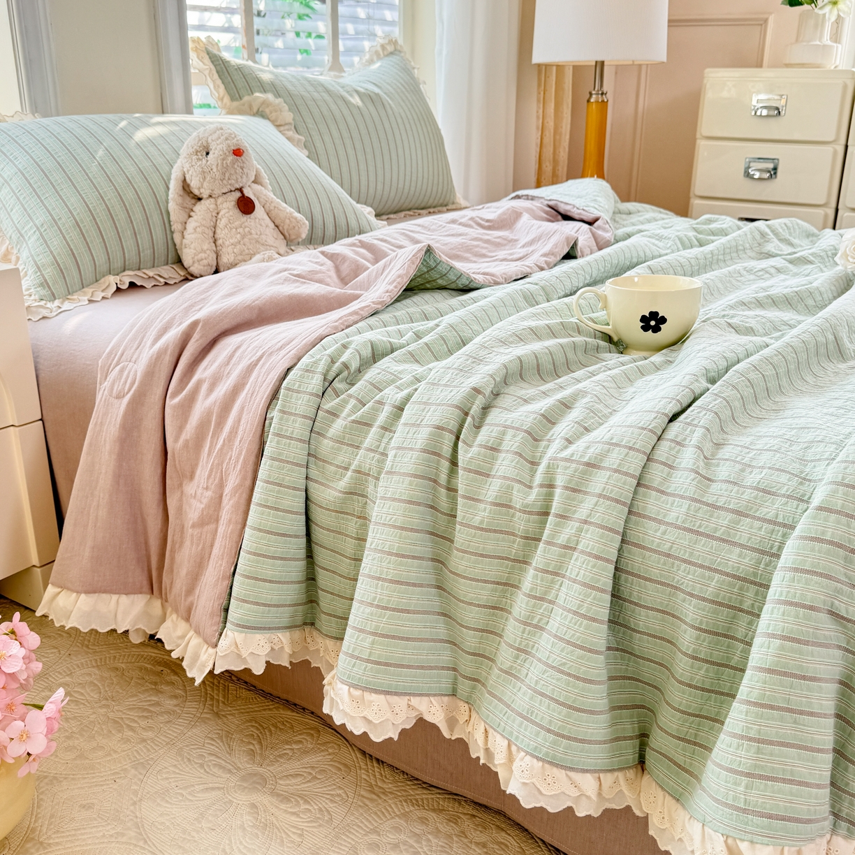 91家纺网 家纺一手货源 找家纺 仰望棉麻双层纱供应链 2026春夏新款全棉纯棉色织提花四件套-麦香麦香-绿色