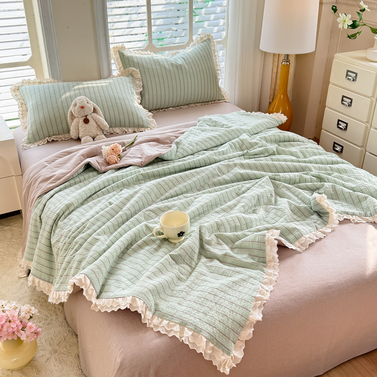 91家纺网 家纺一手货源 找家纺 仰望棉麻双层纱供应链 2026春夏新款全棉纯棉色织提花四件套-麦香麦香-绿色