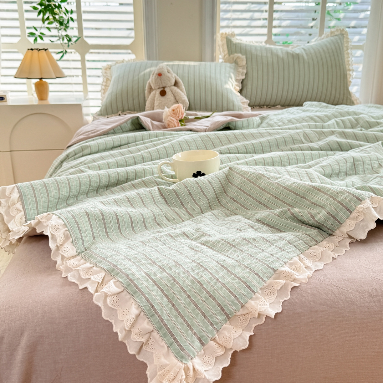 91家纺网 家纺一手货源 找家纺 仰望棉麻双层纱供应链 2026春夏新款全棉纯棉色织提花四件套-麦香麦香-绿色