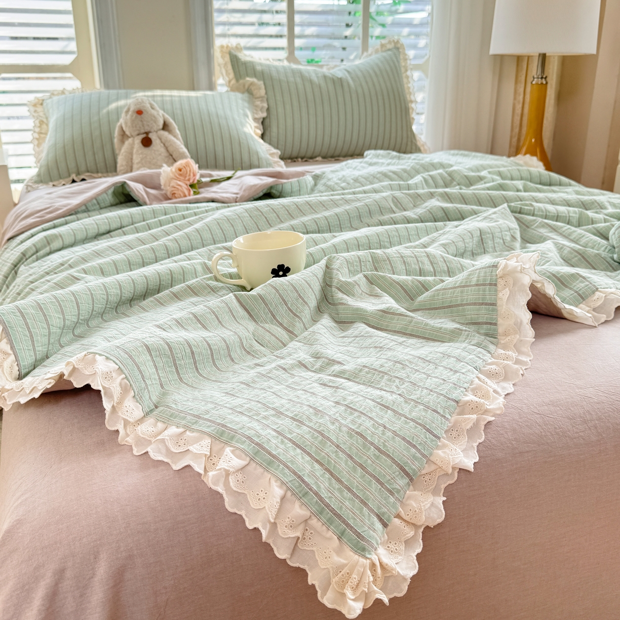 91家纺网 家纺一手货源 找家纺 仰望棉麻双层纱供应链 2026春夏新款全棉纯棉色织提花四件套-麦香麦香-绿色