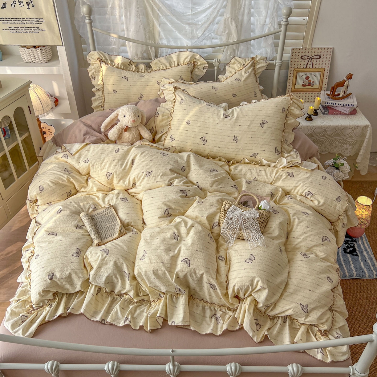 睡美美家纺 2026新款水洗云朵棉亲肤花边款四件套 蝴蝶