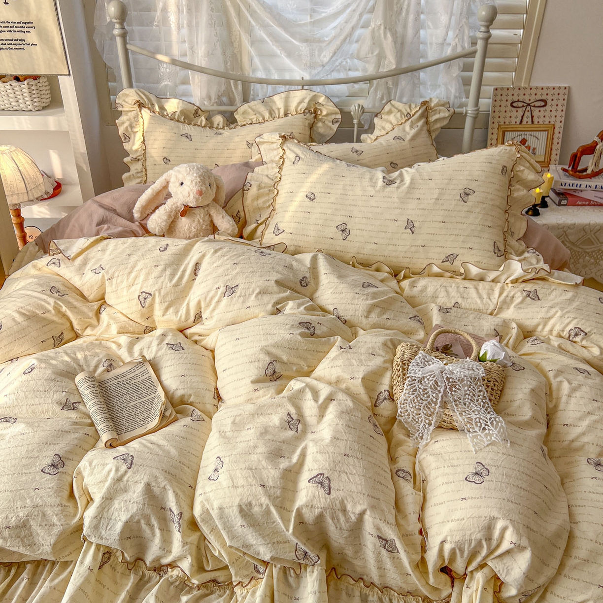 91家纺网 家纺一手货源 找家纺 睡美美家纺 2026新款水洗云朵棉亲肤花边款四件套 蝴蝶