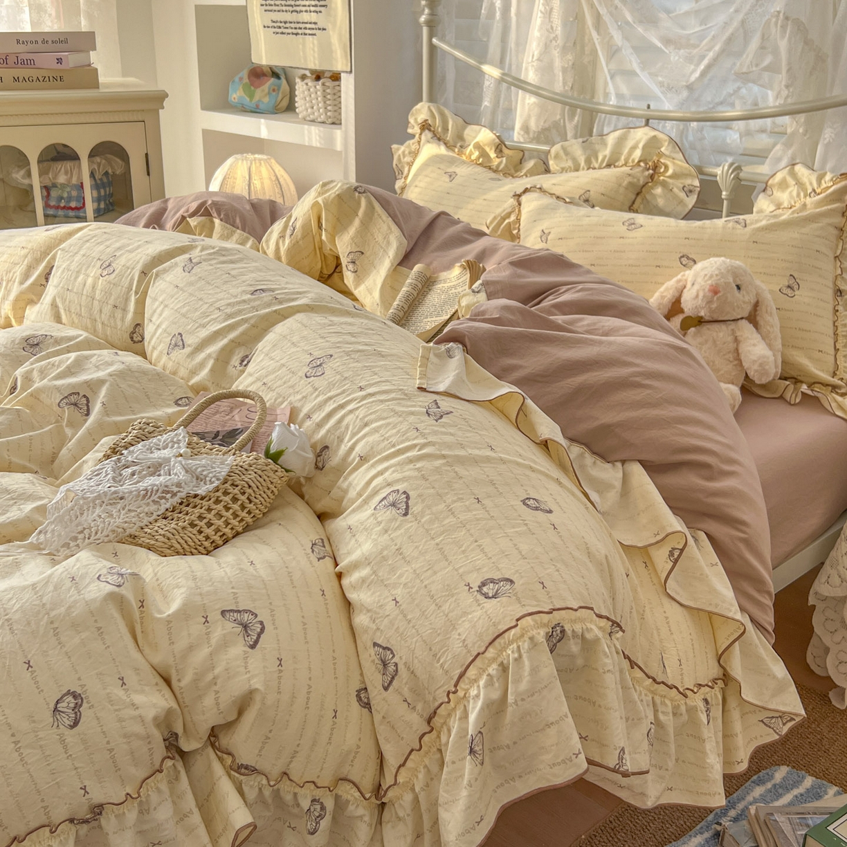 91家纺网 家纺一手货源 找家纺 睡美美家纺 2026新款水洗云朵棉亲肤花边款四件套 蝴蝶