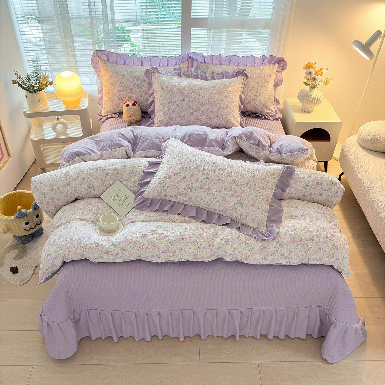 91家纺网 家纺一手货源 找家纺 民新家纺 2026新款泡芙双层纱床盖款四件套 水彩玫瑰