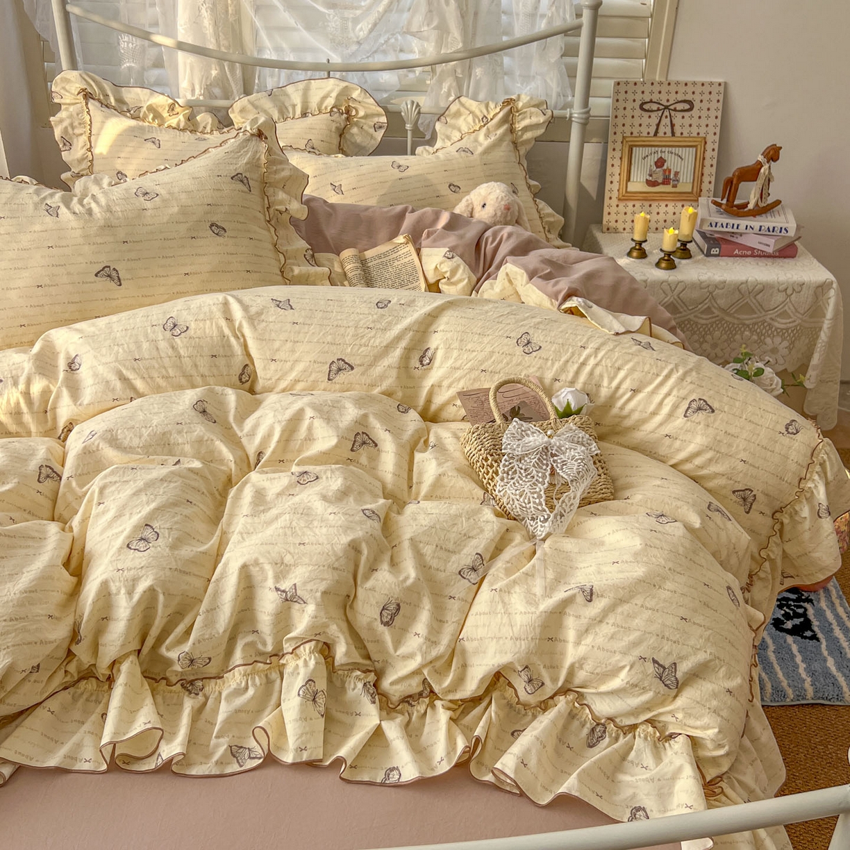 91家纺网 家纺一手货源 找家纺 睡美美家纺 2026新款水洗云朵棉亲肤花边款四件套 蝴蝶