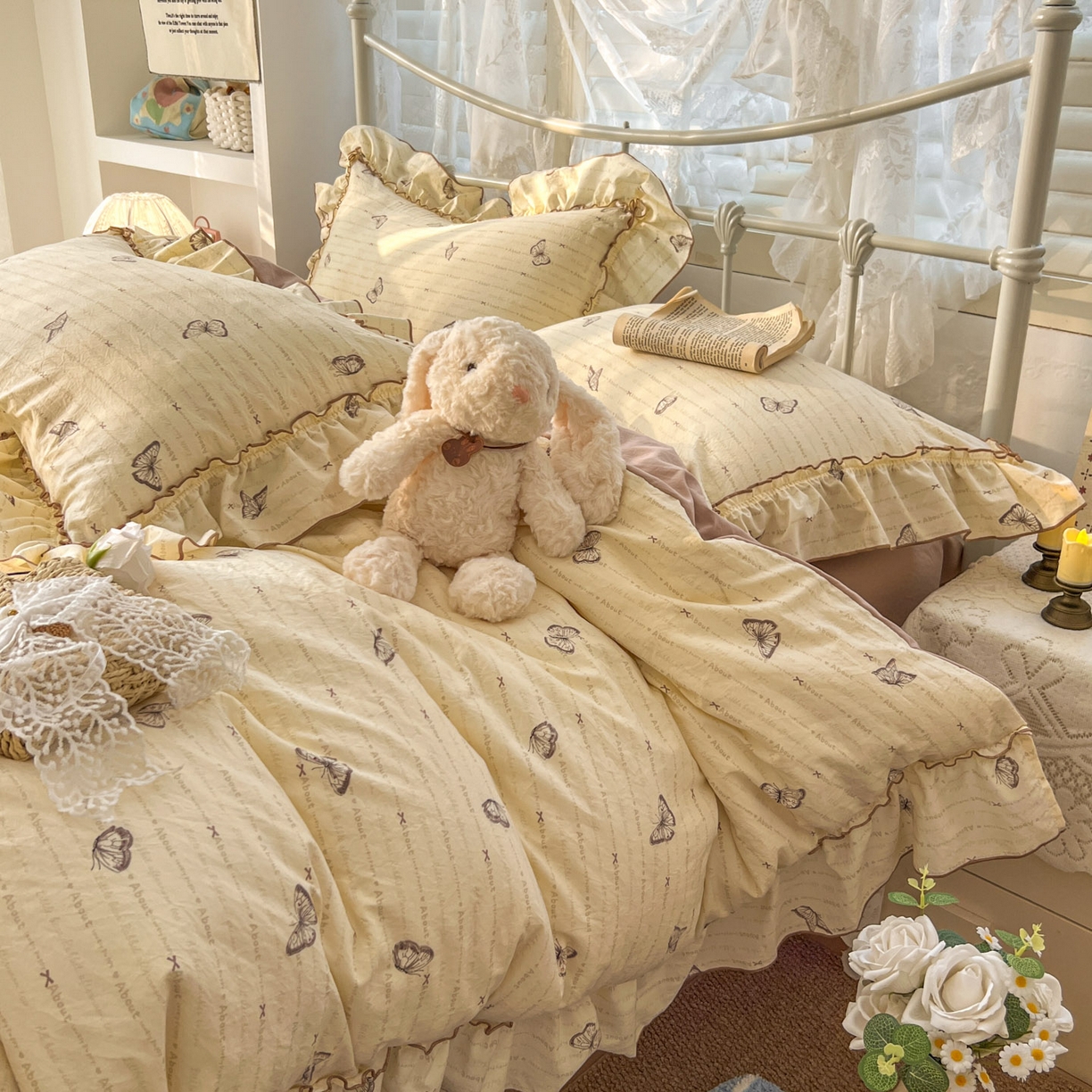 91家纺网 家纺一手货源 找家纺 睡美美家纺 2026新款水洗云朵棉亲肤花边款四件套 蝴蝶