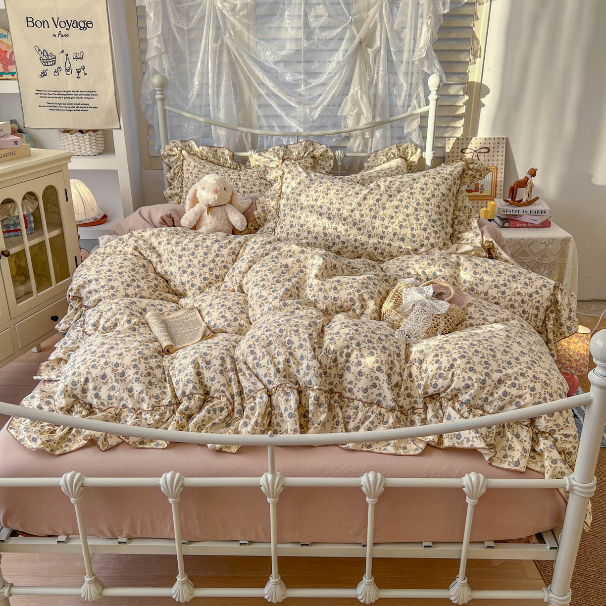 91家纺网 家纺一手货源 找家纺 睡美美家纺 2026新款水洗云朵棉亲肤花边款四件套 花影