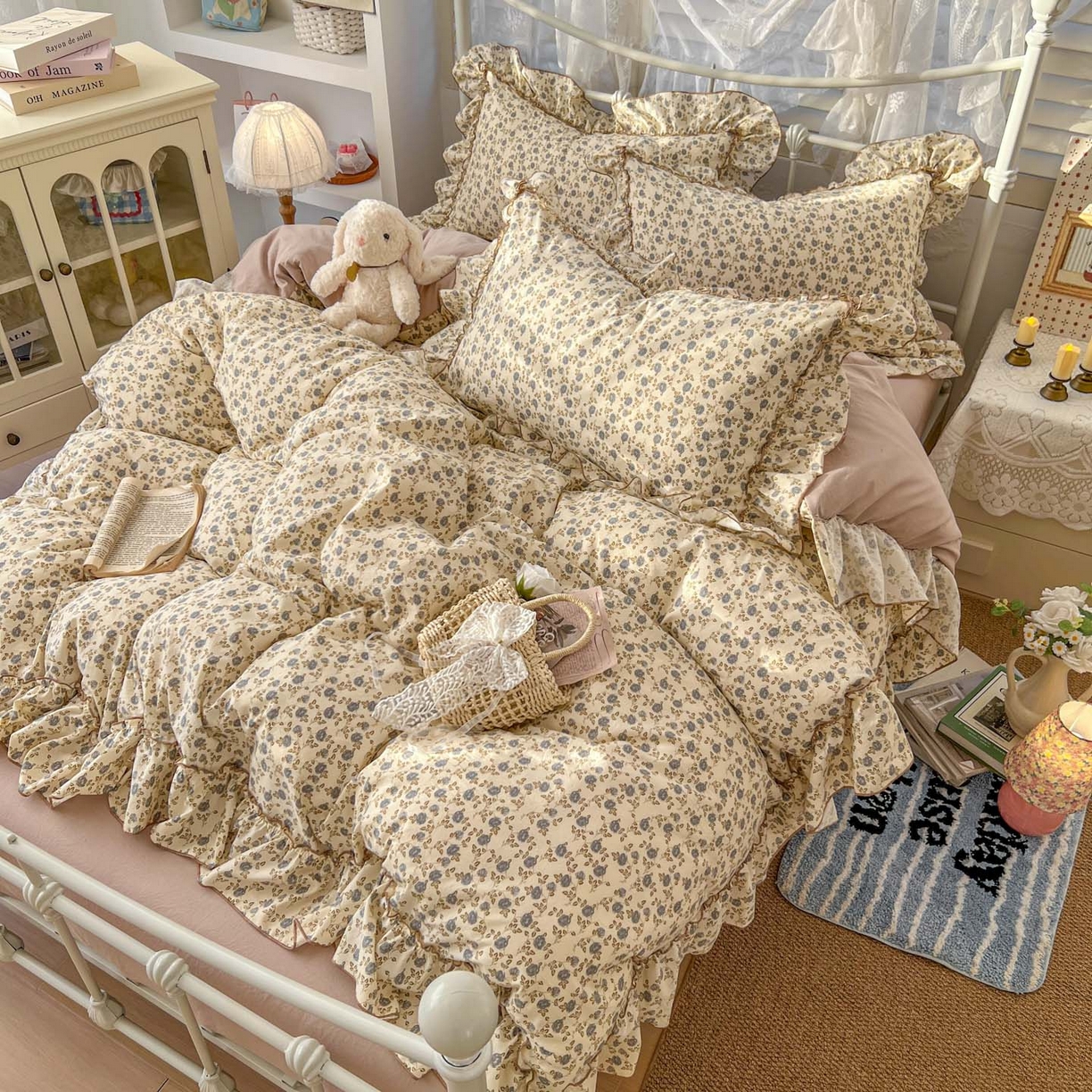 91家纺网 家纺一手货源 找家纺 睡美美家纺 2026新款水洗云朵棉亲肤花边款四件套 花影