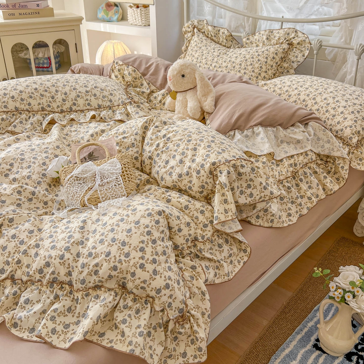 91家纺网 家纺一手货源 找家纺 睡美美家纺 2026新款水洗云朵棉亲肤花边款四件套 花影