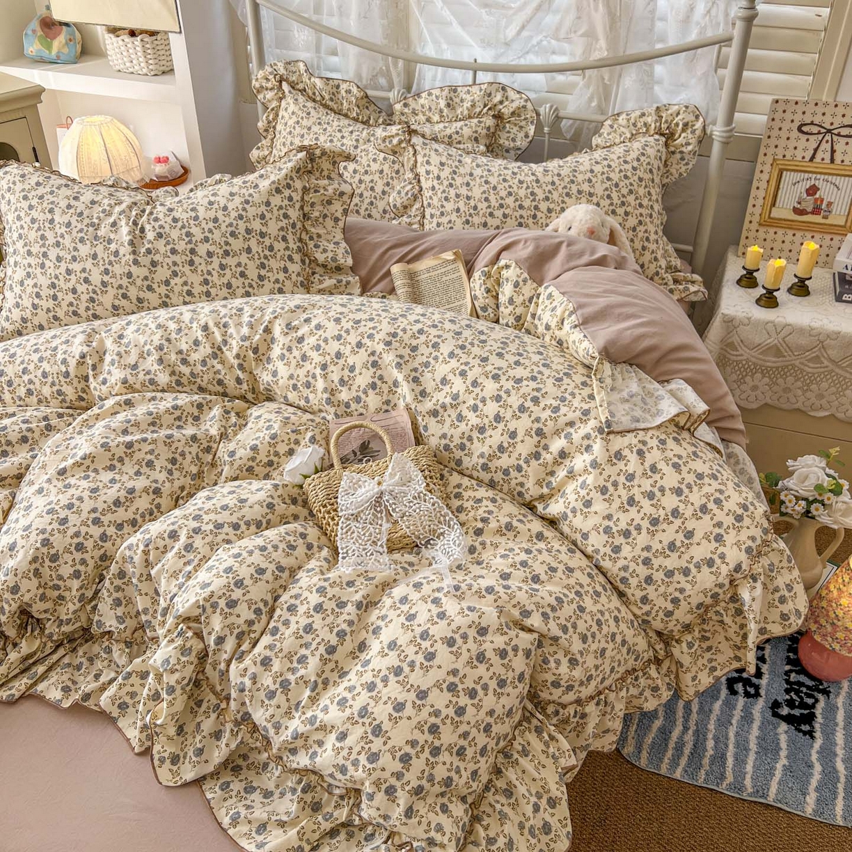 91家纺网 家纺一手货源 找家纺 睡美美家纺 2026新款水洗云朵棉亲肤花边款四件套 花影