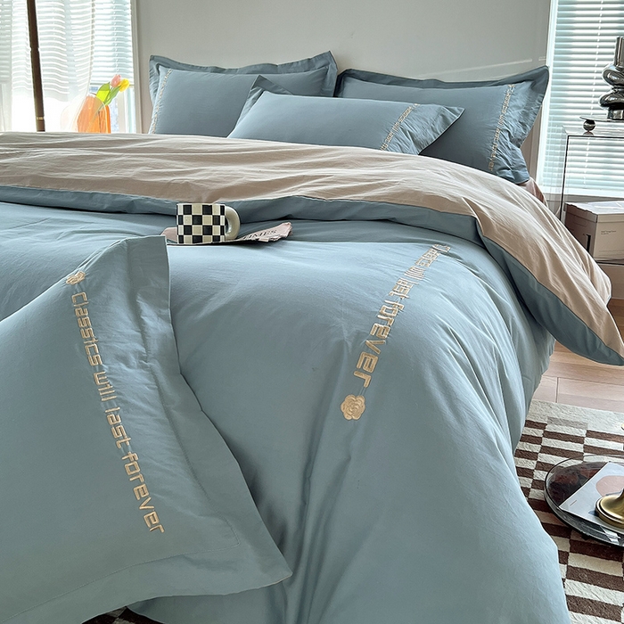 拼社家纺 2026新款A类色织全棉水洗棉四件套纯棉四件套刺绣床上用品-漫系列 繁星蓝+卡其