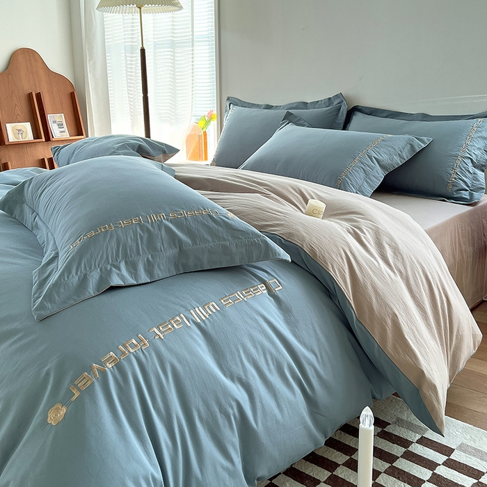 91家纺网 家纺一手货源 找家纺 拼社家纺 2026新款A类色织全棉水洗棉四件套纯棉四件套刺绣床上用品-漫系列 繁星蓝+卡其