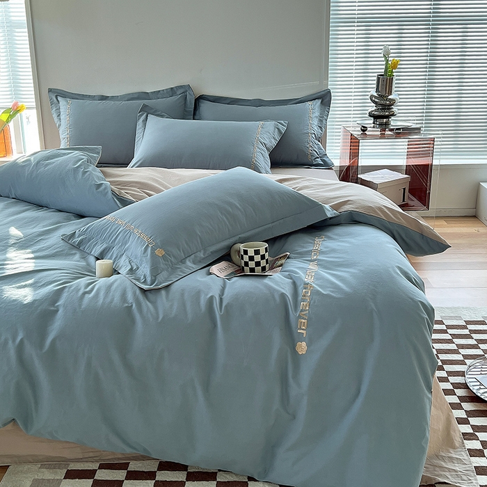 91家纺网 家纺一手货源 找家纺 拼社家纺 2026新款A类色织全棉水洗棉四件套纯棉四件套刺绣床上用品-漫系列 繁星蓝+卡其