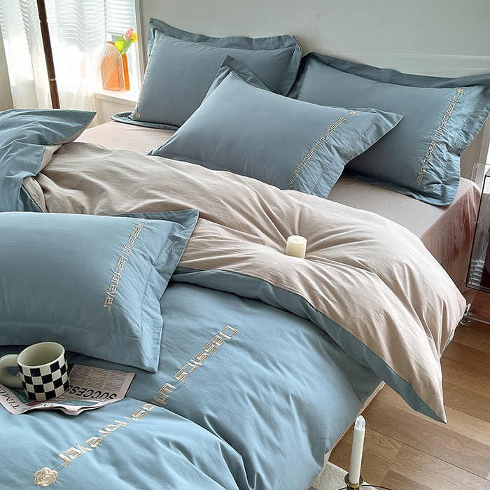 91家纺网 家纺一手货源 找家纺 拼社家纺 2026新款A类色织全棉水洗棉四件套纯棉四件套刺绣床上用品-漫系列 繁星蓝+卡其