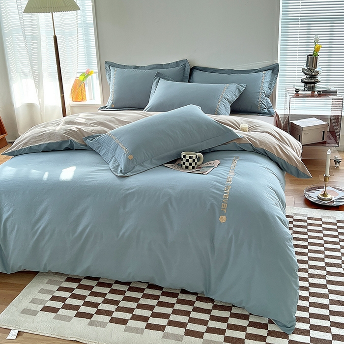 91家纺网 家纺一手货源 找家纺 拼社家纺 2026新款A类色织全棉水洗棉四件套纯棉四件套刺绣床上用品-漫系列 繁星蓝+卡其