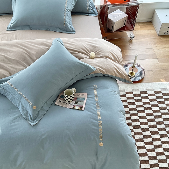 91家纺网 家纺一手货源 找家纺 拼社家纺 2026新款A类色织全棉水洗棉四件套纯棉四件套刺绣床上用品-漫系列 繁星蓝+卡其