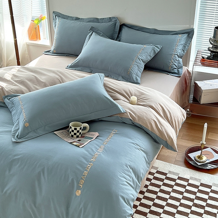 91家纺网 家纺一手货源 找家纺 拼社家纺 2026新款A类色织全棉水洗棉四件套纯棉四件套刺绣床上用品-漫系列 繁星蓝+卡其