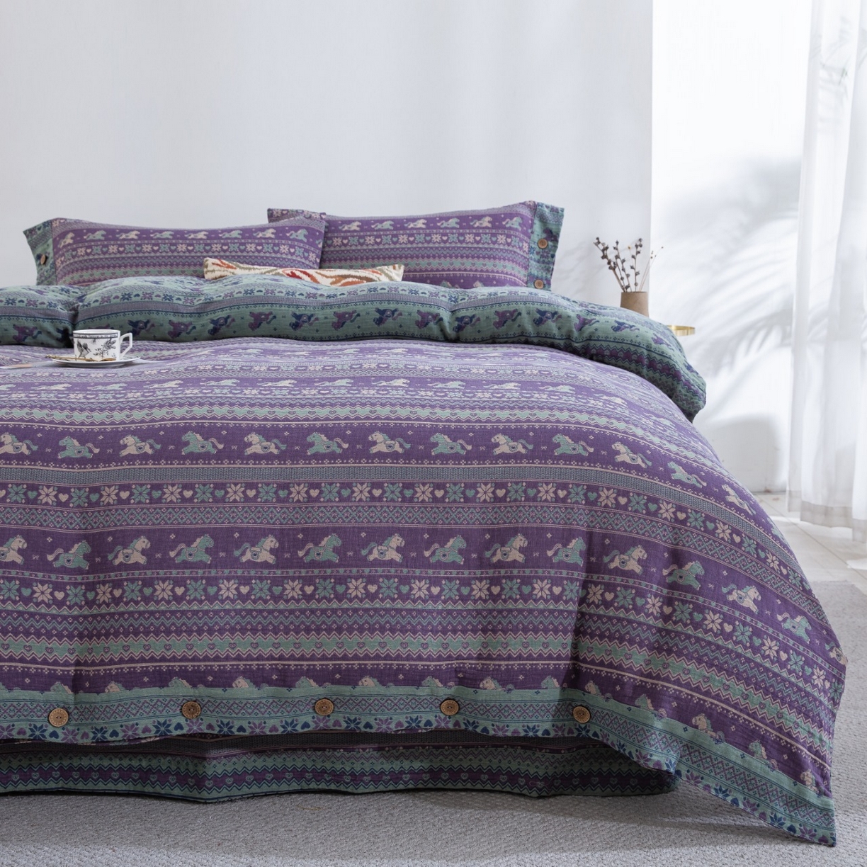 91家纺网 家纺一手货源 找家纺 （总）仰望棉麻双层纱供应链 2026春夏新款全棉纯棉色织提花双层纱纽扣款四件套