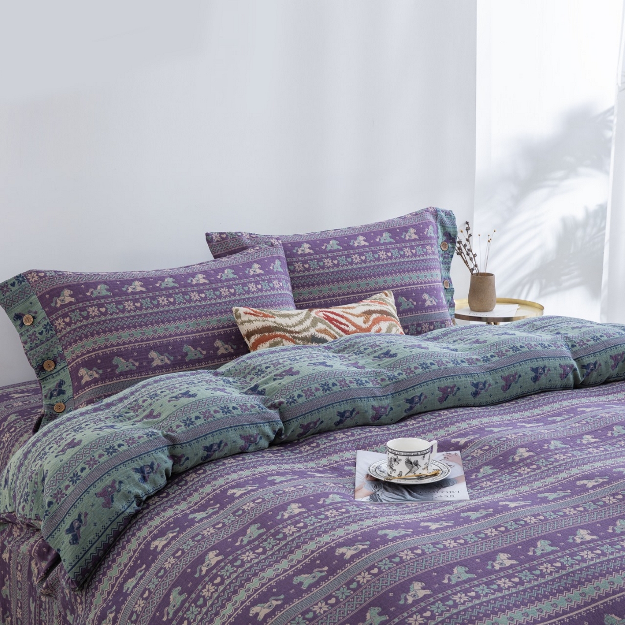 91家纺网 家纺一手货源 找家纺 （总）仰望棉麻双层纱供应链 2026春夏新款全棉纯棉色织提花双层纱纽扣款四件套