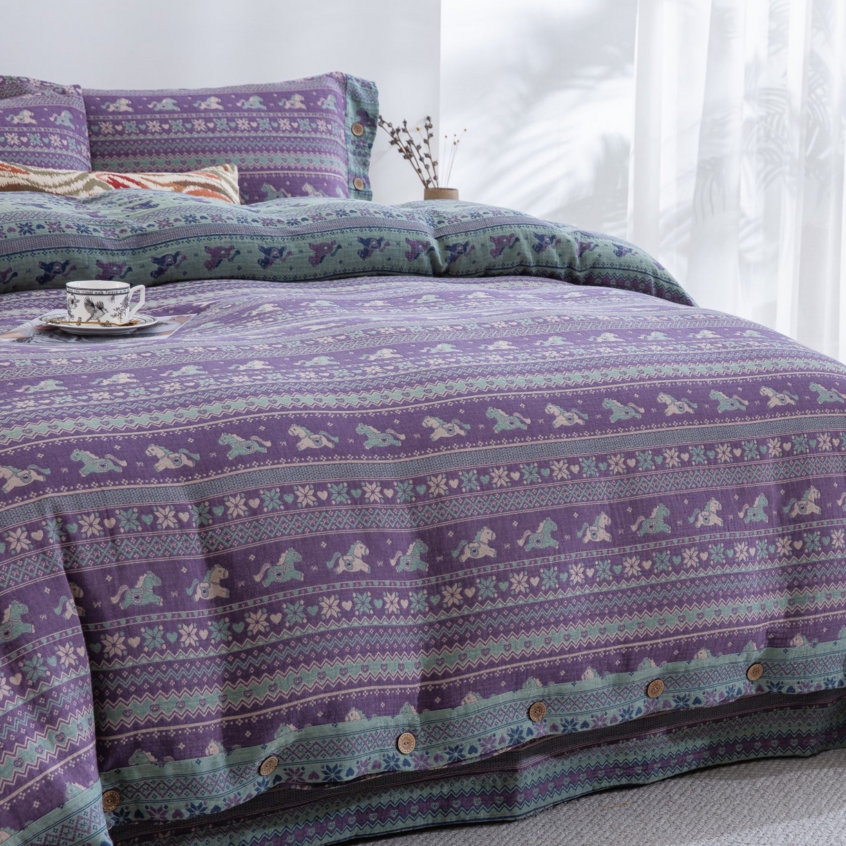 91家纺网 家纺一手货源 找家纺 （总）仰望棉麻双层纱供应链 2026春夏新款全棉纯棉色织提花双层纱纽扣款四件套