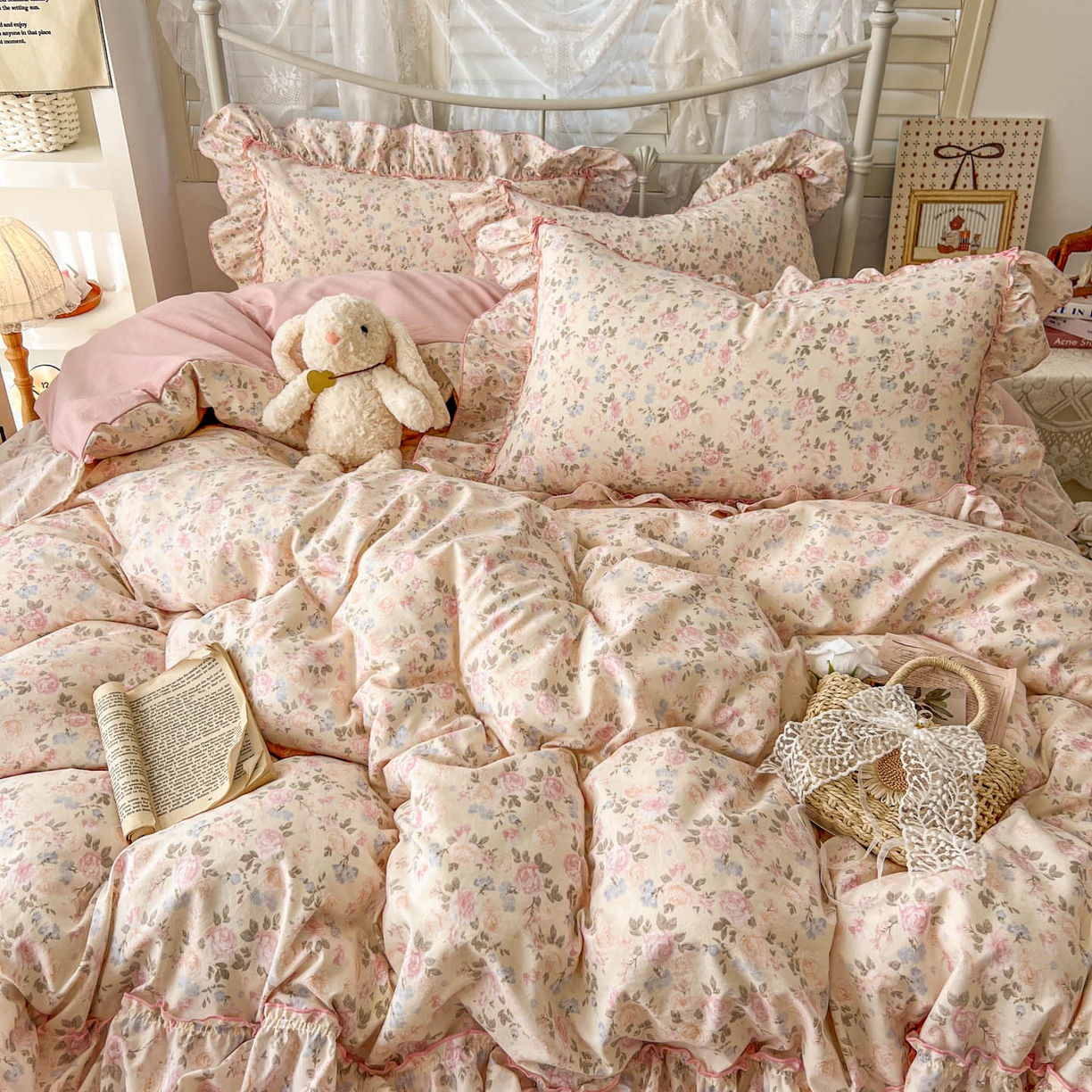 91家纺网 家纺一手货源 找家纺 睡美美家纺 2026新款水洗云朵棉亲肤花边款四件套 桃枝