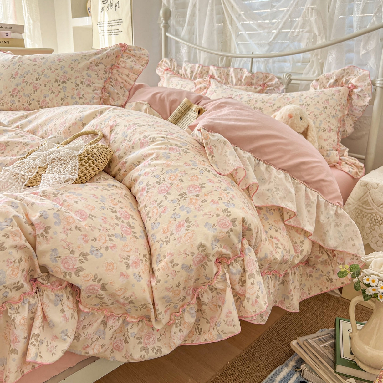 91家纺网 家纺一手货源 找家纺 睡美美家纺 2026新款水洗云朵棉亲肤花边款四件套 桃枝