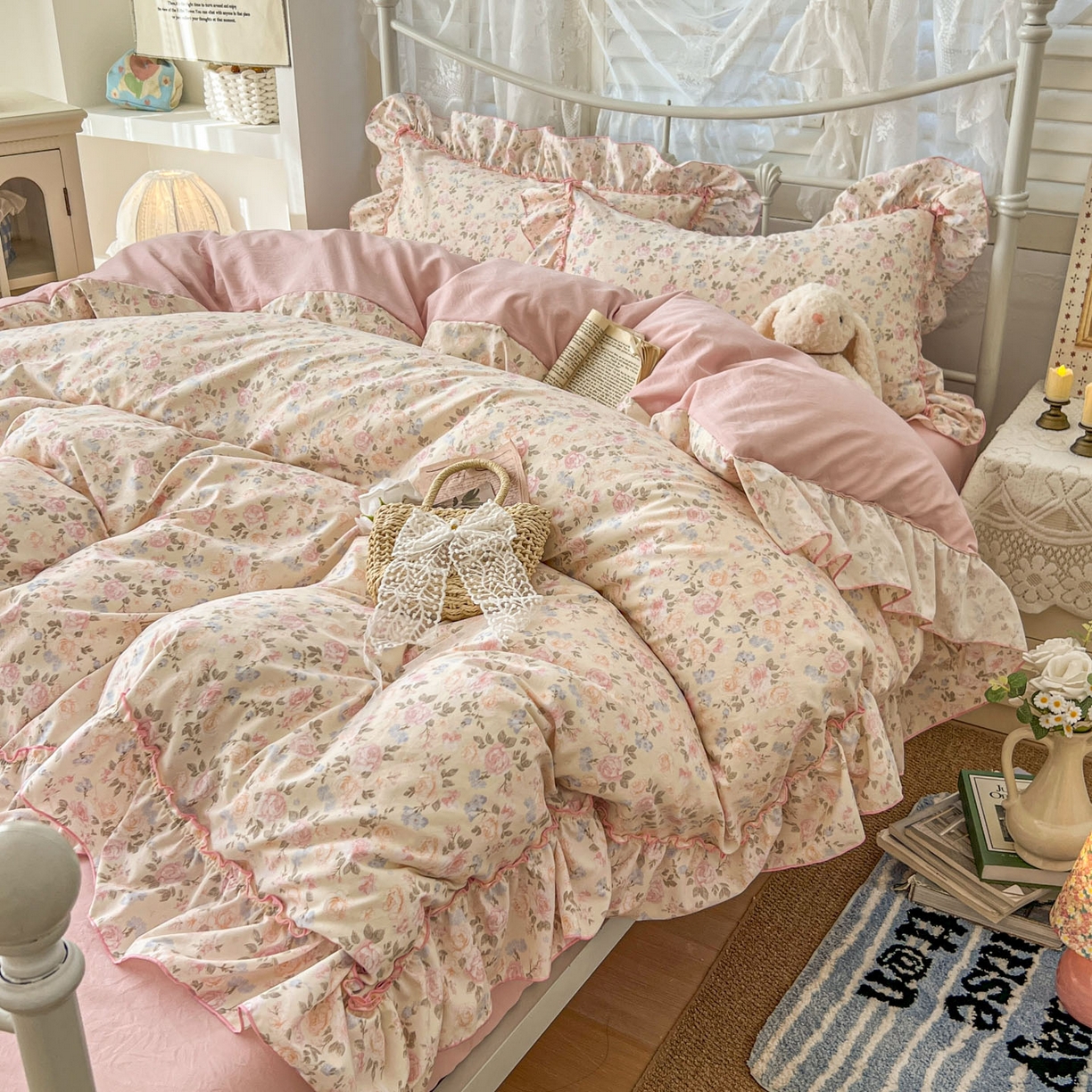 91家纺网 家纺一手货源 找家纺 睡美美家纺 2026新款水洗云朵棉亲肤花边款四件套 桃枝