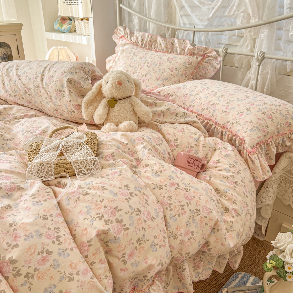 91家纺网 家纺一手货源 找家纺 睡美美家纺 2026新款水洗云朵棉亲肤花边款四件套 桃枝