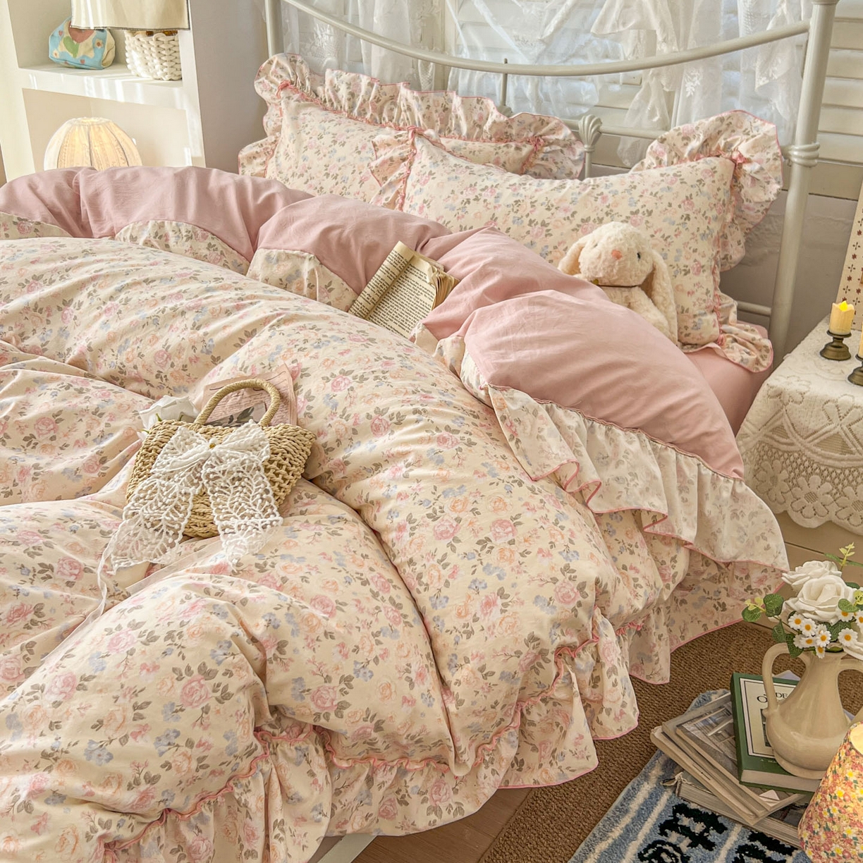 91家纺网 家纺一手货源 找家纺 睡美美家纺 2026新款水洗云朵棉亲肤花边款四件套 桃枝