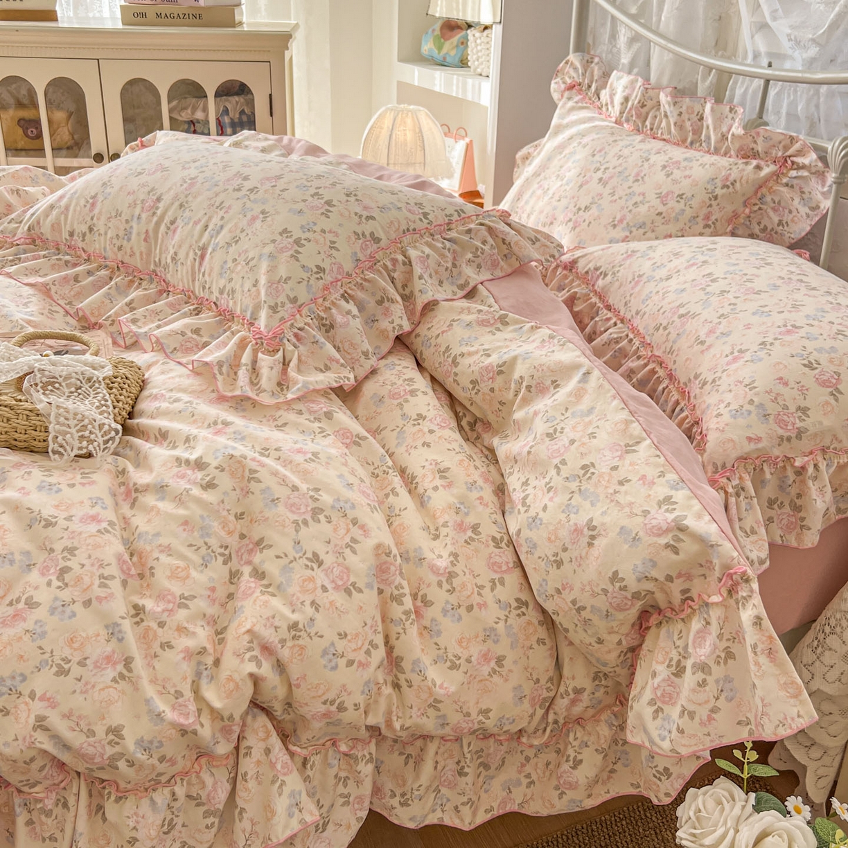 91家纺网 家纺一手货源 找家纺 睡美美家纺 2026新款水洗云朵棉亲肤花边款四件套 桃枝