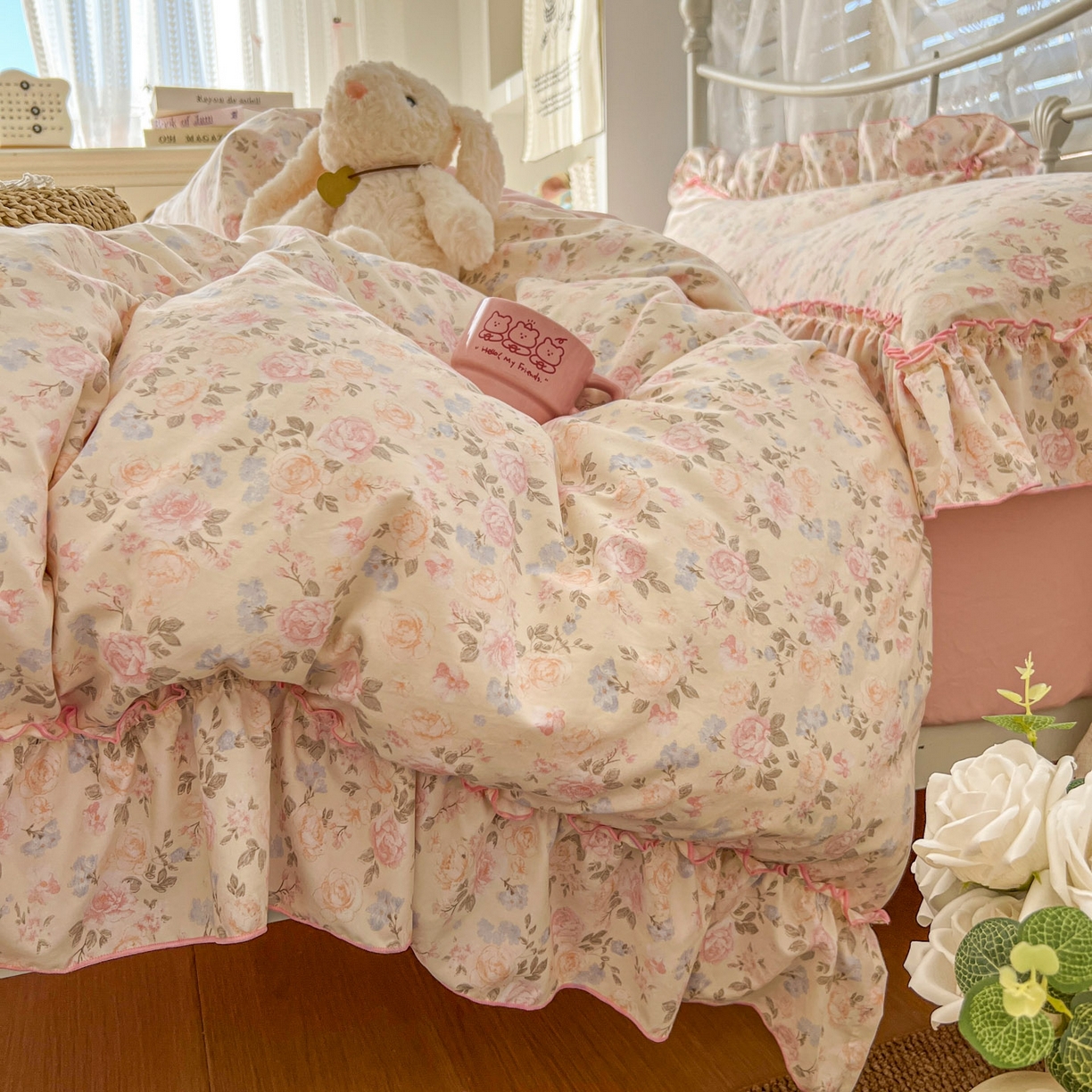 91家纺网 家纺一手货源 找家纺 睡美美家纺 2026新款水洗云朵棉亲肤花边款四件套 桃枝