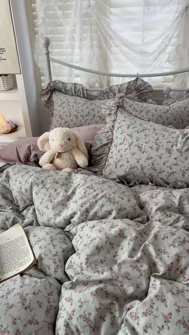 91家纺网 家纺一手货源 找家纺 睡美美家纺 2026新款水洗云朵棉亲肤花边款四件套 桃枝