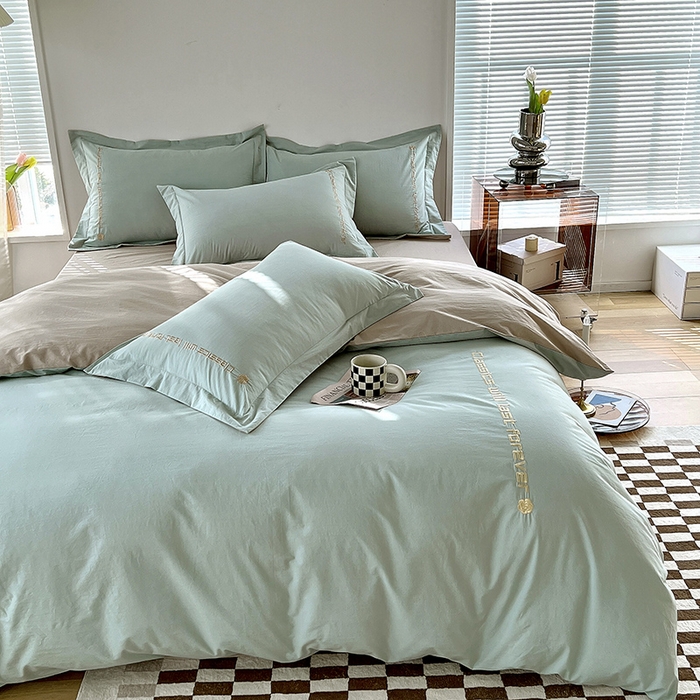 91家纺网 家纺一手货源 找家纺 拼社家纺 2026新款A类色织全棉水洗棉四件套纯棉四件套刺绣床上用品-漫系列 艾玛绿+卡其