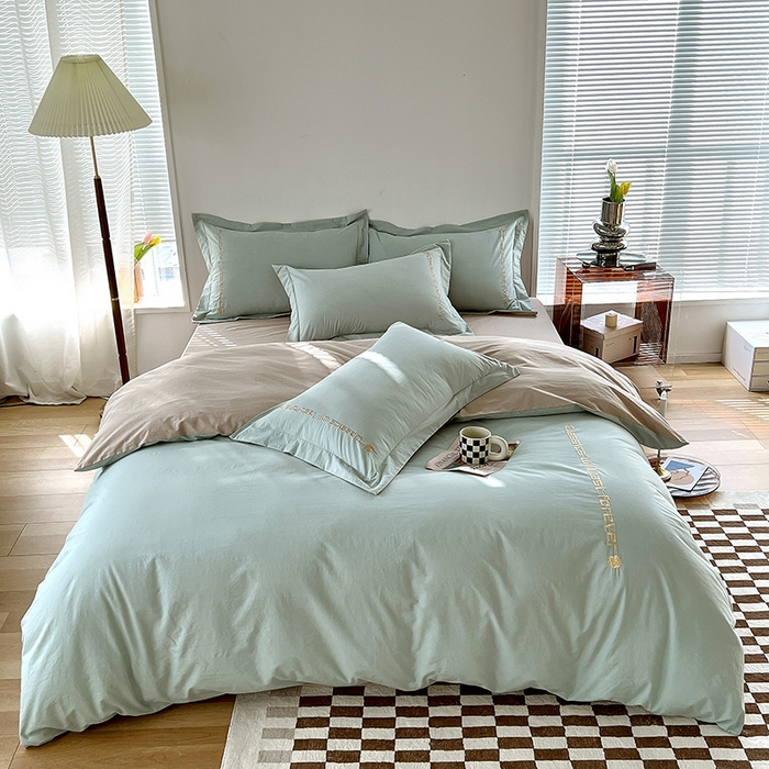 91家纺网 家纺一手货源 找家纺 拼社家纺 2026新款A类色织全棉水洗棉四件套纯棉四件套刺绣床上用品-漫系列 艾玛绿+卡其