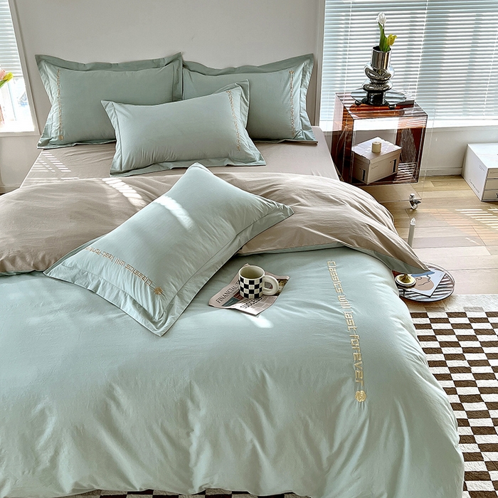 91家纺网 家纺一手货源 找家纺 拼社家纺 2026新款A类色织全棉水洗棉四件套纯棉四件套刺绣床上用品-漫系列 艾玛绿+卡其