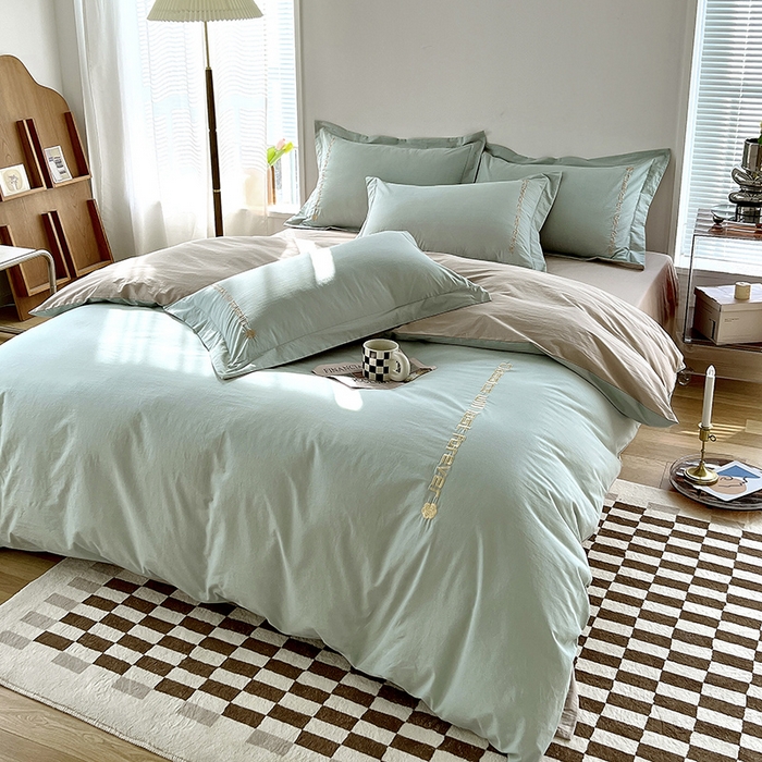 91家纺网 家纺一手货源 找家纺 拼社家纺 2026新款A类色织全棉水洗棉四件套纯棉四件套刺绣床上用品-漫系列 艾玛绿+卡其