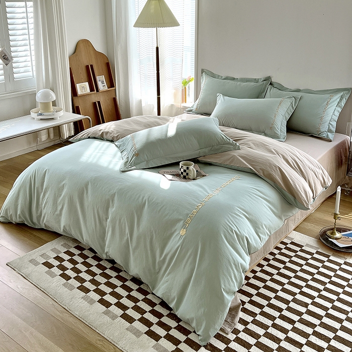 91家纺网 家纺一手货源 找家纺 拼社家纺 2026新款A类色织全棉水洗棉四件套纯棉四件套刺绣床上用品-漫系列 艾玛绿+卡其