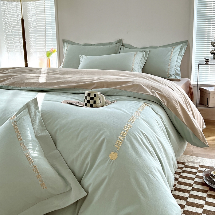 91家纺网 家纺一手货源 找家纺 拼社家纺 2026新款A类色织全棉水洗棉四件套纯棉四件套刺绣床上用品-漫系列 艾玛绿+卡其