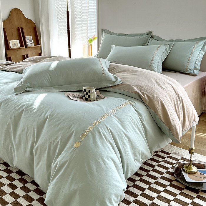 91家纺网 家纺一手货源 找家纺 拼社家纺 2026新款A类色织全棉水洗棉四件套纯棉四件套刺绣床上用品-漫系列 艾玛绿+卡其