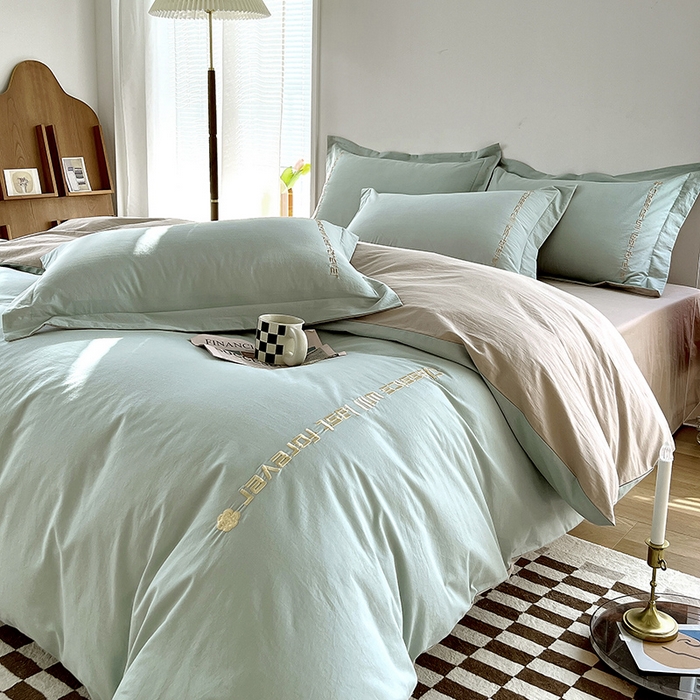 91家纺网 家纺一手货源 找家纺 拼社家纺 2026新款A类色织全棉水洗棉四件套纯棉四件套刺绣床上用品-漫系列 艾玛绿+卡其