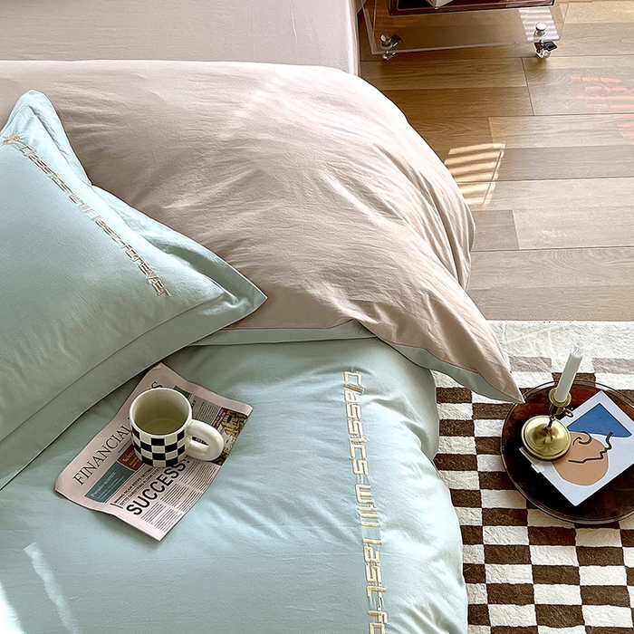 91家纺网 家纺一手货源 找家纺 拼社家纺 2026新款A类色织全棉水洗棉四件套纯棉四件套刺绣床上用品-漫系列 艾玛绿+卡其