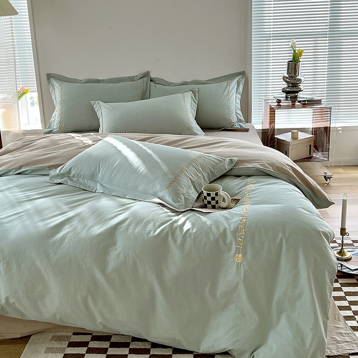 91家纺网 家纺一手货源 找家纺 拼社家纺 2026新款A类色织全棉水洗棉四件套纯棉四件套刺绣床上用品-漫系列 艾玛绿+卡其