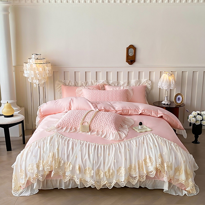 91家纺网 家纺一手货源 找家纺 （总）花香四季家纺 2026新款法式天丝棉蕾丝雪纺仙女风夹棉床裙款四件套